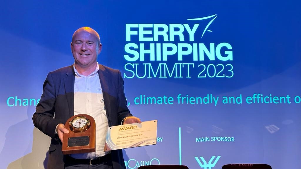 Glenn Carr, Director of Commercial Business Units with Iarnród Éireann - Port Authority for Rosslare Europort, smiles as he accepts the award Ferry Port of the Year at European
