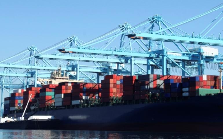 Docked container vessel